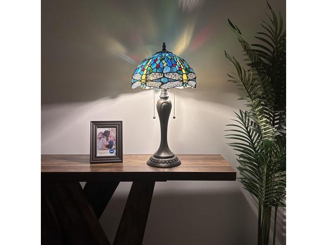 ENJOY DECOR LAMPS Tiffany Style Table Lamp Green Blue Stained Glass Dragonfly LED Bulbs Included for Living Room Bedroom Bedside 12'W*12'D*22'H