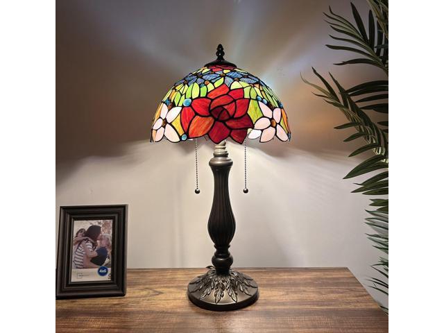 ENJOY DECOR LAMPS Tiffany Style Table Lamp Red Orange Blue Stained Glass Rose Flowers LED Bulbs Included for Living Room Bedroom Bedside...