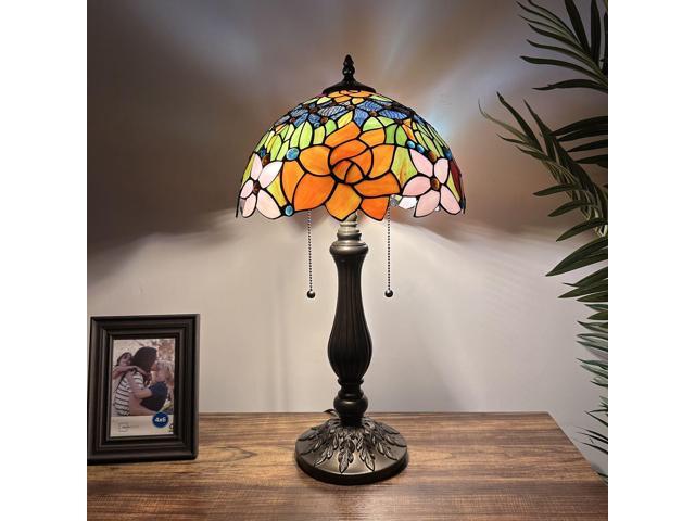 ENJOY DECOR LAMPS Tiffany Style Table Lamp Red Orange Blue Stained Glass Rose Flowers LED Bulbs Included for Living Room Bedroom Bedside...