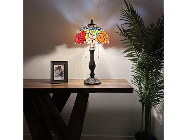 ENJOY DECOR LAMPS Tiffany Style Table Lamp Red Orange Blue Stained Glass Rose Flowers LED Bulbs Included for Living Room Bedroom Bedside...