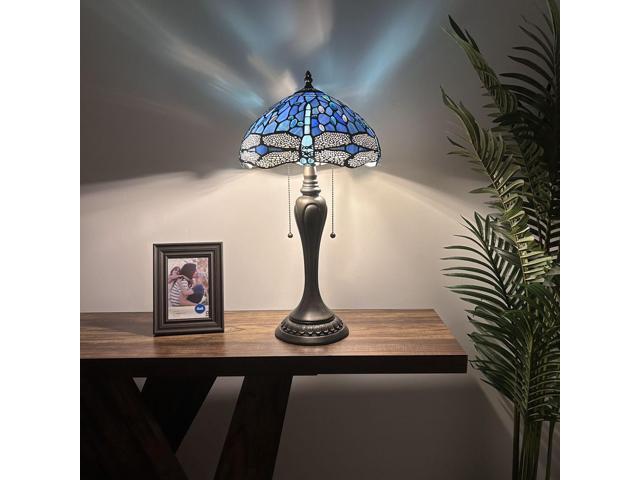 ENJOY DECOR LAMPS Tiffany Style Table Lamp Blue Stained Glass Dragonfly LED Bulbs Included for Living Room Bedroom Bedside 12'W*12'D*22'H