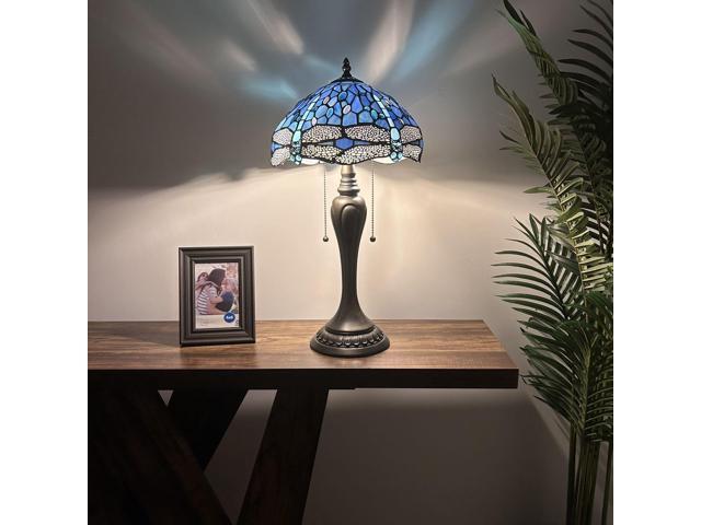 ENJOY DECOR LAMPS Tiffany Style Table Lamp Blue Stained Glass Dragonfly LED Bulbs Included for Living Room Bedroom Bedside 12'W*12'D*22'H