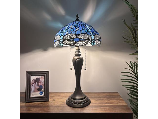 ENJOY DECOR LAMPS Tiffany Style Table Lamp Blue Stained Glass Dragonfly LED Bulbs Included for Living Room Bedroom Bedside 12'W*12'D*22'H