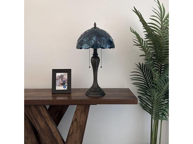 ENJOY DECOR LAMPS Tiffany Style Table Lamp Blue Green Stained Glass Crystal Beans LED Bulbs Included For Living Room Bedroom Bedside 12'W*12'D*22'H
