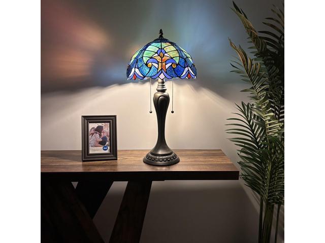 ENJOY DECOR LAMPS Tiffany Style Table Lamp Green Blue Stained Glass LED Bulbs Included Liaison Lamp for Living Room Bedroom Bedside 12'W*12'D*22'H