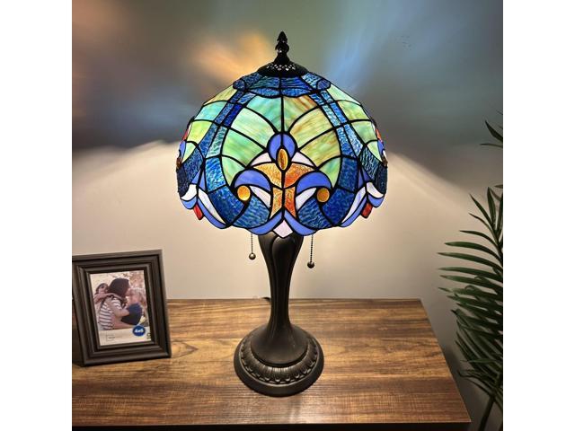 ENJOY DECOR LAMPS Tiffany Style Table Lamp Green Blue Stained Glass LED Bulbs Included Liaison Lamp for Living Room Bedroom Bedside 12'W*12'D*22'H