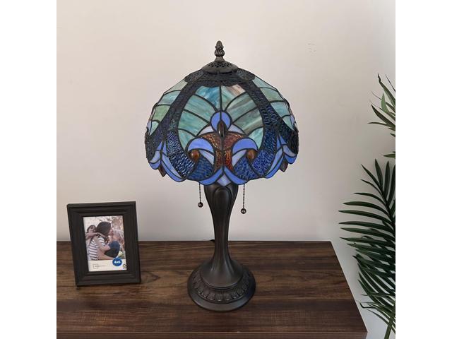 ENJOY DECOR LAMPS Tiffany Style Table Lamp Green Blue Stained Glass LED Bulbs Included Liaison Lamp for Living Room Bedroom Bedside 12'W*12'D*22'H