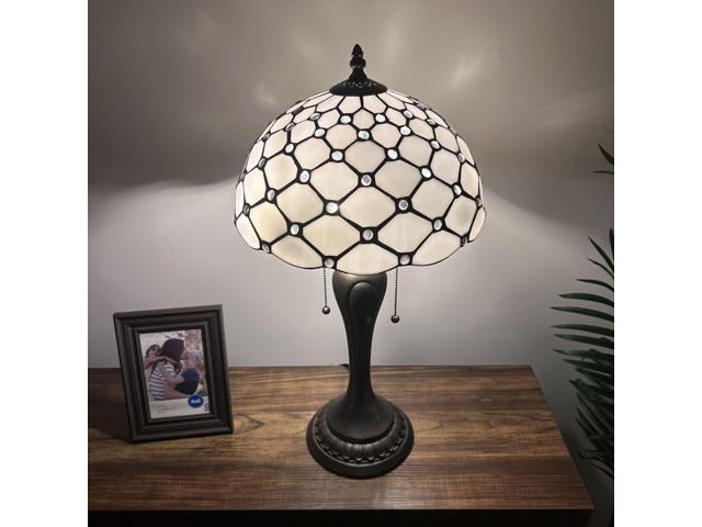 ENJOY DECOR LAMPS Tiffany Style Table Lamp White Stained Glass Crystal Beans LED Bulbs Included For Living Room Bedroom Bedside 12'W*12'D**22'H