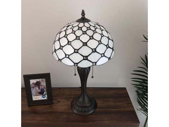 ENJOY DECOR LAMPS Tiffany Style Table Lamp White Stained Glass Crystal Beans LED Bulbs Included For Living Room Bedroom Bedside 12'W*12'D**22'H