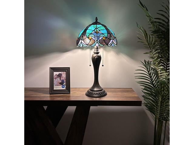 ENJOY DECOR LAMPS Tiffany Style Table Lamp Green Brown Stained Glass LED Bulbs Included for Living Room Bedroom Bedside 12'W*12'D*22'H