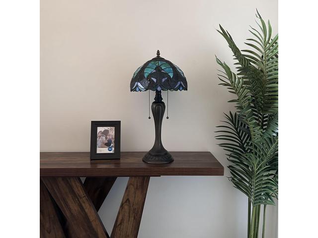 ENJOY DECOR LAMPS Tiffany Style Table Lamp Green Brown Stained Glass LED Bulbs Included for Living Room Bedroom Bedside 12'W*12'D*22'H