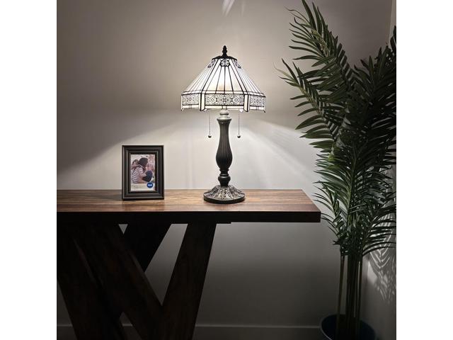 ENJOY DECOR LAMPS Tiffany Style Table Lamp White Hexagon Stained Glass Mission for Living Room Bedroom Bedside 12'W*12'D*22'H