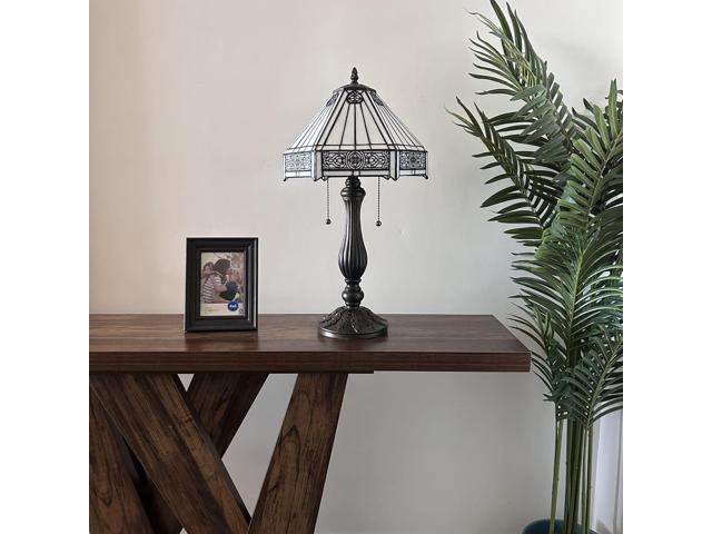 ENJOY DECOR LAMPS Tiffany Style Table Lamp White Hexagon Stained Glass Mission for Living Room Bedroom Bedside 12'W*12'D*22'H