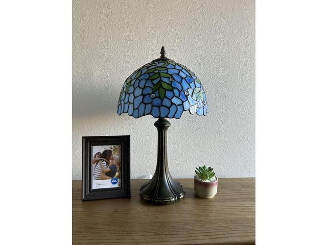 ENJOY DECOR LAMPS Tiffany Style Table Lamp Blue Stained Glass Green Leaves Included LED Bulb For Living Room Bedroom Bedside 12'W*12'D*19'H