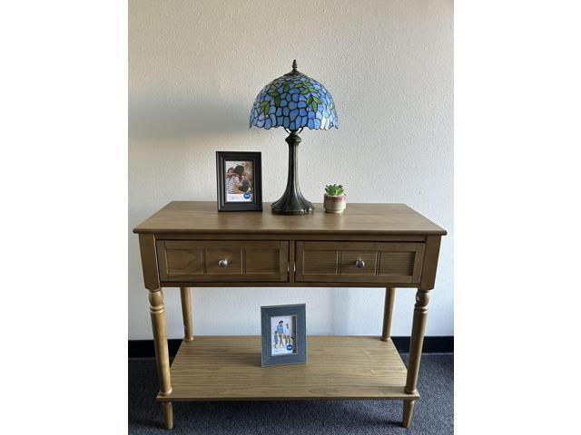 ENJOY DECOR LAMPS Tiffany Style Table Lamp Blue Stained Glass Green Leaves Included LED Bulb For Living Room Bedroom Bedside 12'W*12'D*19'H