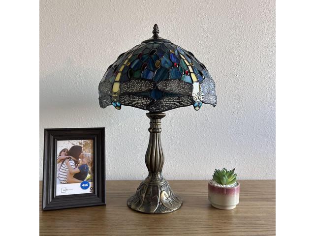 ENJOY DECOR LAMPS Tiffany Style Table Lamp Dragonfly Green Blue Stained Glass LED Bulb Included for Living room, Bedroom Bedside 12'W*12'D*19'H