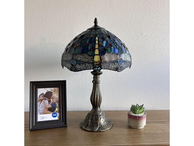 ENJOY DECOR LAMPS Tiffany Style Table Lamp Dragonfly Green Blue Stained Glass LED Bulb Included for Living room, Bedroom Bedside 12'W*12'D*19'H