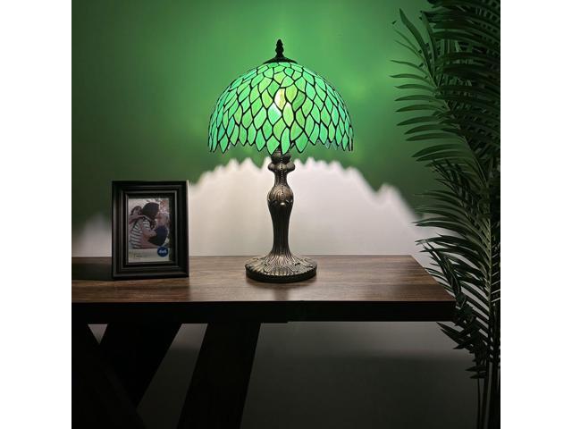 ENJOY DECOR LAMPS Tiffany Style Table Lamp Green Stained Glass Leaves Included LED Bulb for Living Room Dining Room Bedroom Bedside 12'W*12'D*19'H