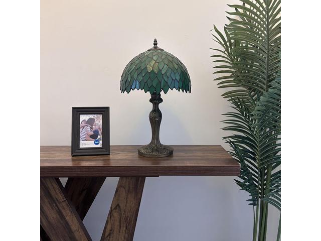 ENJOY DECOR LAMPS Tiffany Style Table Lamp Green Stained Glass Leaves Included LED Bulb for Living Room Dining Room Bedroom Bedside 12'W*12'D*19'H