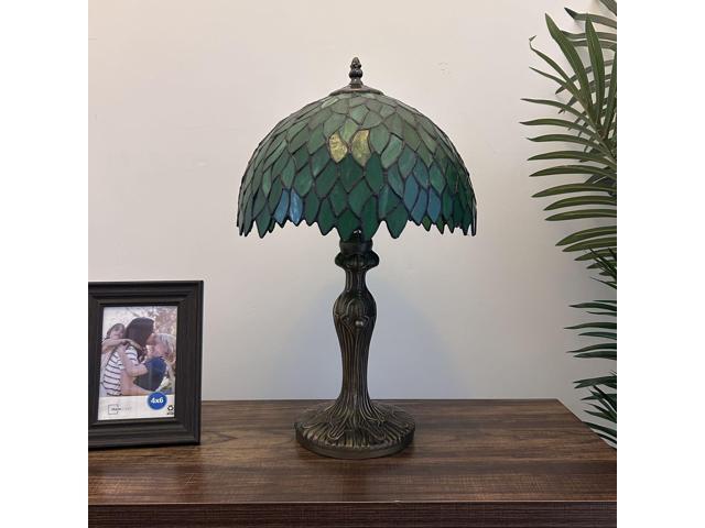 ENJOY DECOR LAMPS Tiffany Style Table Lamp Green Stained Glass Leaves Included LED Bulb for Living Room Dining Room Bedroom Bedside 12'W*12'D*19'H