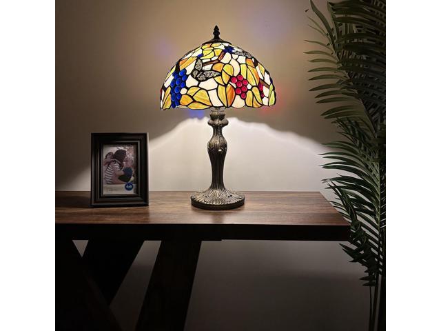 ENJOY DECOR LAMPS Tiffany Style Table Lamp Stained Glass Butterfly Grapes Green Leaves For Living Room Bedroom Bedside 12'W*12'D*19'H