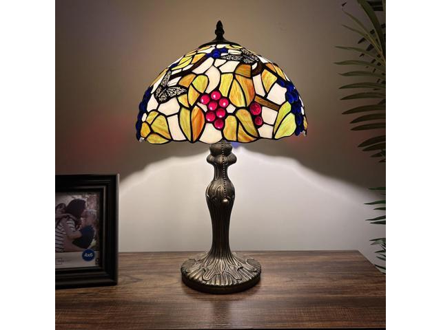 ENJOY DECOR LAMPS Tiffany Style Table Lamp Stained Glass Butterfly Grapes Green Leaves For Living Room Bedroom Bedside 12'W*12'D*19'H