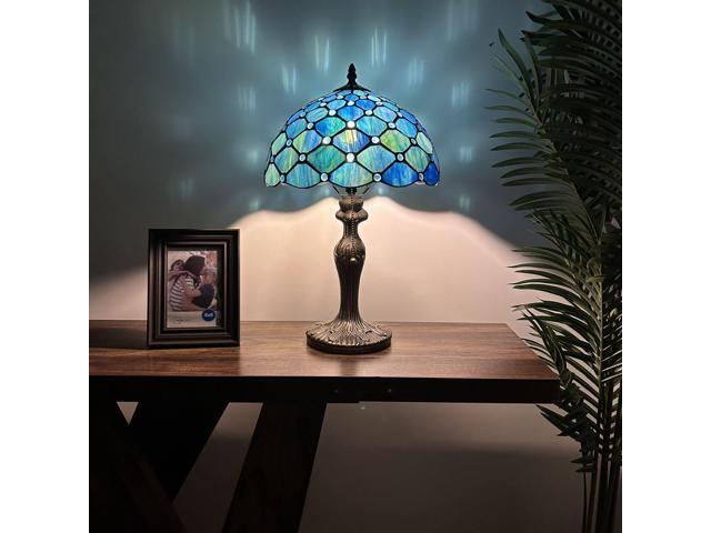 ENJOY DECOR LAMPS Tiffany Style Table Lamp Blue Green Stained Glass Crystal Beans Included LED Bulb For Living Room Bedroom Bedside 12'W*12'D*19'H