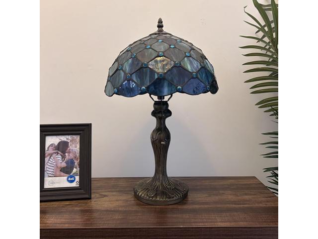 ENJOY DECOR LAMPS Tiffany Style Table Lamp Blue Green Stained Glass Crystal Beans Included LED Bulb For Living Room Bedroom Bedside 12'W*12'D*19'H