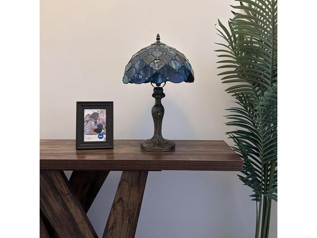 ENJOY DECOR LAMPS Tiffany Style Table Lamp Blue Green Stained Glass Crystal Beans Included LED Bulb For Living Room Bedroom Bedside 12'W*12'D*19'H