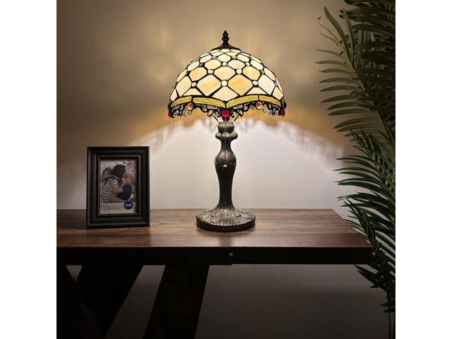 ENJOY DECOR LAMPS Tiffany Style Table Lamp Beige Stained Glass Crystal Beans Included LED Bulb for Living Room Bedroom Bedside 12'D*12'W*19'H