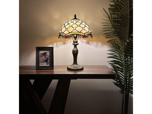 ENJOY DECOR LAMPS Tiffany Style Table Lamp Beige Stained Glass Crystal Beans Included LED Bulb for Living Room Bedroom Bedside 12'D*12'W*19'H