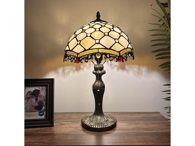 ENJOY DECOR LAMPS Tiffany Style Table Lamp Beige Stained Glass Crystal Beans Included LED Bulb for Living Room Bedroom Bedside 12'D*12'W*19'H
