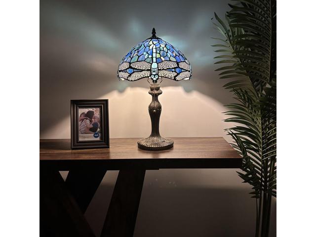 ENJOY DECOR LAMPS Tiffany Style Table Lamp Blue Stained Glass Dragonfly LED Bulb Included For Living Room Bedroom Bedside 12'W*12'D*19'H