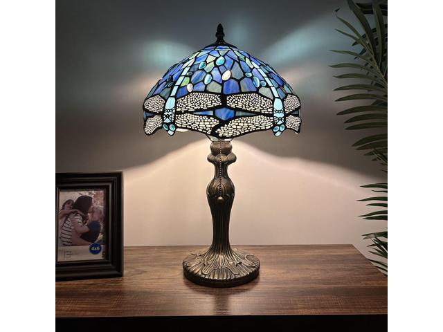 ENJOY DECOR LAMPS Tiffany Style Table Lamp Blue Stained Glass Dragonfly LED Bulb Included For Living Room Bedroom Bedside 12'W*12'D*19'H