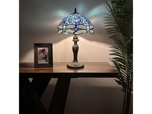 ENJOY DECOR LAMPS Tiffany Style Table Lamp Blue Stained Glass Dragonfly LED Bulb Included For Living Room Bedroom Bedside 12'W*12'D*19'H