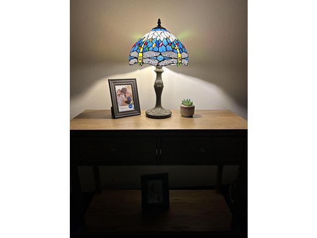 ENJOY DECOR LAMPS Tiffany Style Table Lamp Blue Stained Glass Dragonfly LED Blub Included for Living Room Bedroom Bedside Office Hotel 12'W*19'H