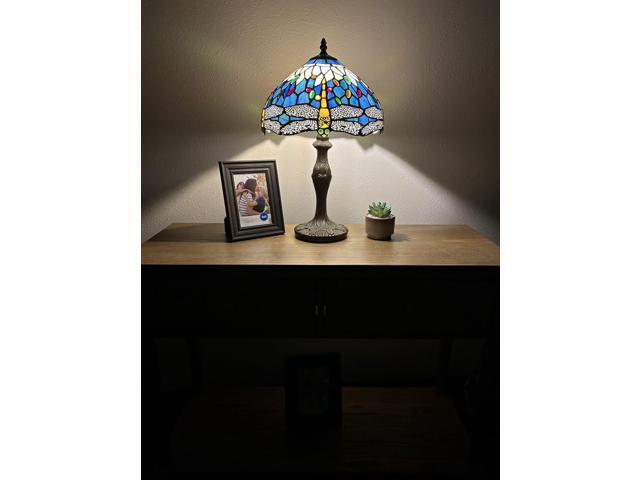 ENJOY DECOR LAMPS Tiffany Style Table Lamp Blue Stained Glass Dragonfly LED Blub Included for Living Room Bedroom Bedside Office Hotel 12'W*19'H