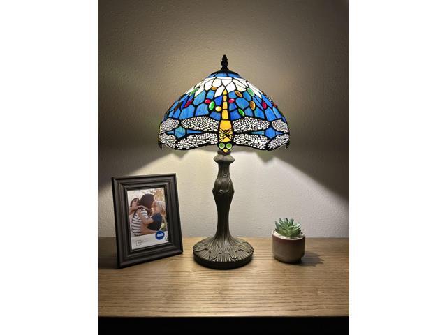 ENJOY DECOR LAMPS Tiffany Style Table Lamp Blue Stained Glass Dragonfly LED Blub Included for Living Room Bedroom Bedside Office Hotel 12'W*19'H