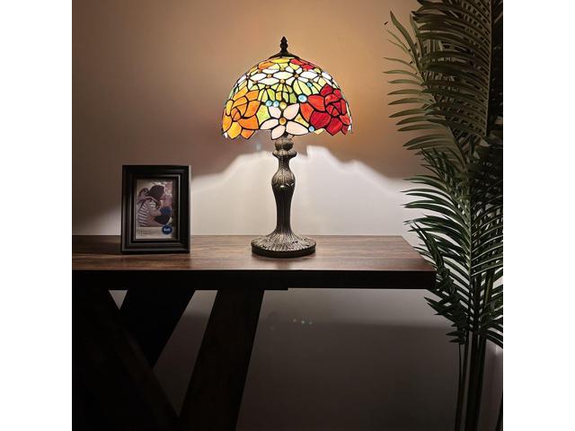 ENJOY DECOR LAMPS Tiffany Style Table Lamp Red Orange Stained Glass Rose Flowers LED Bulb Included for Living Room Bedroom Bedside 12'W*12'D*19'H