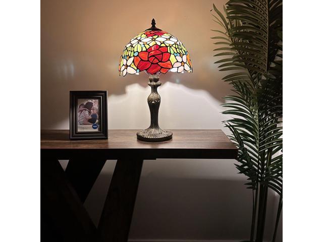 ENJOY DECOR LAMPS Tiffany Style Table Lamp Red Orange Stained Glass Rose Flowers LED Bulb Included for Living Room Bedroom Bedside 12'W*12'D*19'H