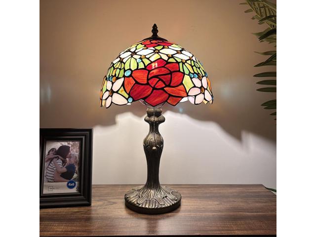 ENJOY DECOR LAMPS Tiffany Style Table Lamp Red Orange Stained Glass Rose Flowers LED Bulb Included for Living Room Bedroom Bedside 12'W*12'D*19'H