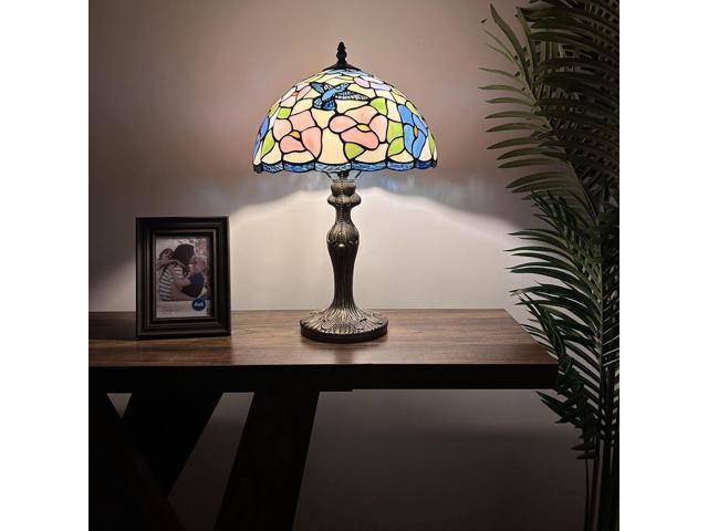 ENJOY DECOR LAMPS Tiffany Style Table Lamp Hummingbird Flowers Pink Blue Stained Glass for Living Room Bedroom Bedside 12'W*12'D*19'H