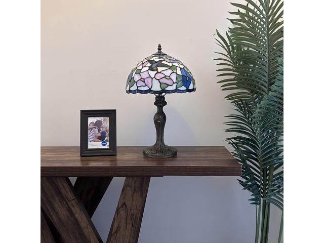 ENJOY DECOR LAMPS Tiffany Style Table Lamp Hummingbird Flowers Pink Blue Stained Glass for Living Room Bedroom Bedside 12'W*12'D*19'H