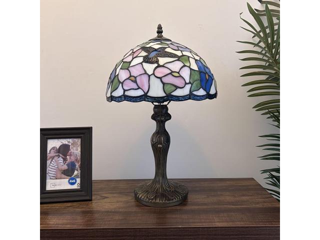 ENJOY DECOR LAMPS Tiffany Style Table Lamp Hummingbird Flowers Pink Blue Stained Glass for Living Room Bedroom Bedside 12'W*12'D*19'H
