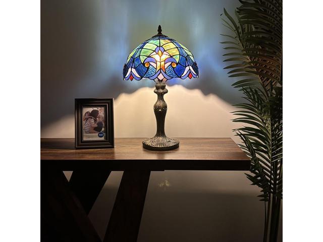 ENJOY DECOR LAMPS Tiffany Style Table Lamp Green Blue Stained Glass Liaison LED Bulb Included for Living Room Bedroom Bedside 12'W*12'D*19'H