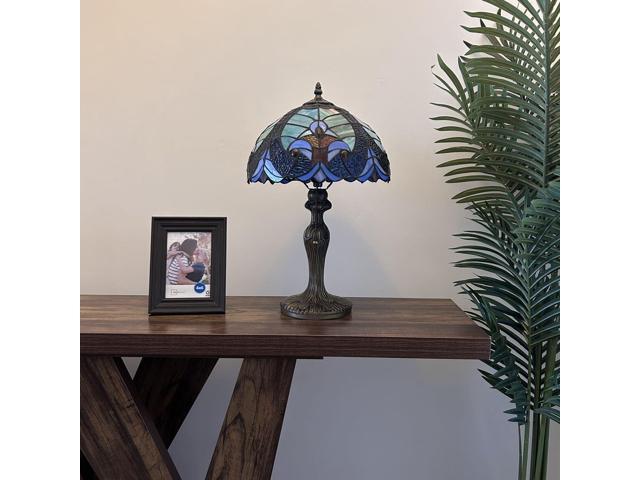 ENJOY DECOR LAMPS Tiffany Style Table Lamp Green Blue Stained Glass Liaison LED Bulb Included for Living Room Bedroom Bedside 12'W*12'D*19'H