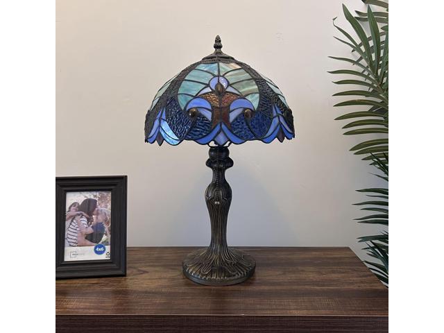 ENJOY DECOR LAMPS Tiffany Style Table Lamp Green Blue Stained Glass Liaison LED Bulb Included for Living Room Bedroom Bedside 12'W*12'D*19'H