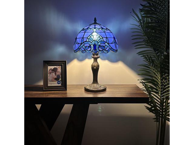 ENJOY DECOR LAMPS Tiffany Style Table Lamp Blue Stained Glass Baroque Style Lavender LED Bulb Included for Living Room Bedroom Bedside 12'W*12'D*19'H