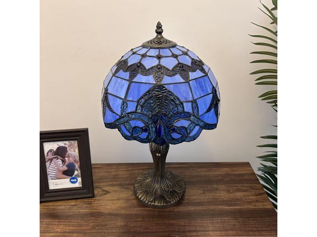 ENJOY DECOR LAMPS Tiffany Style Table Lamp Blue Stained Glass Baroque Style Lavender LED Bulb Included for Living Room Bedroom Bedside 12'W*12'D*19'H