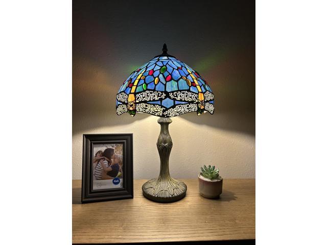 ENJOY DECOR LAMPS Tiffany Style Table Lamp Blue Stained Glass Dragonfly LED Bulb Included For Living Room Bedroom Bedside 12'W*12'D*19'H